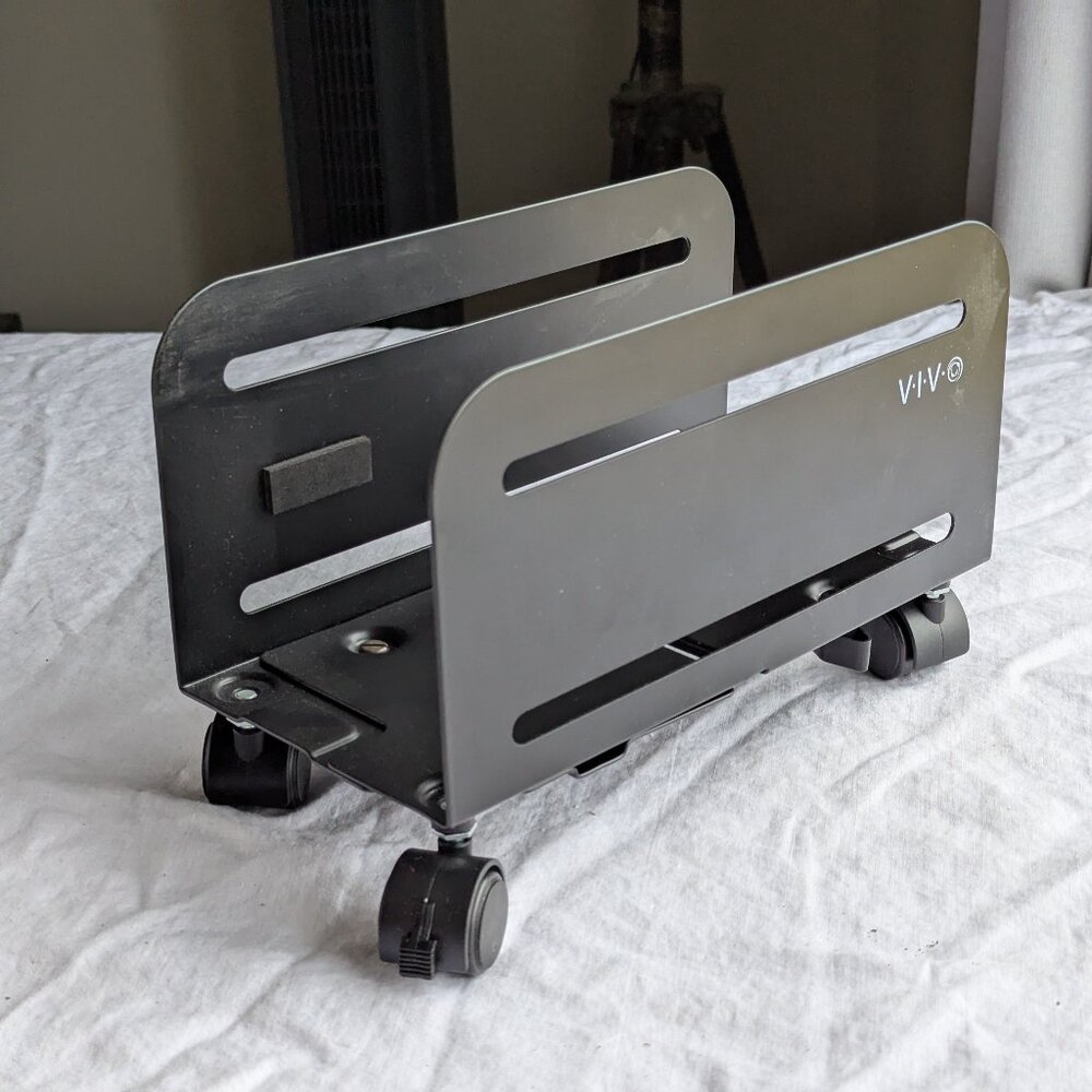 Black metal CPU cart by VIVO CART-PC01, wheeled CPU caddie for office computer